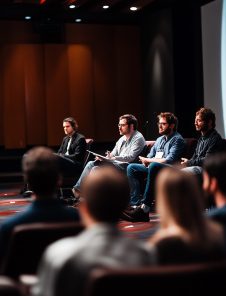 panel-de-discusion-atractivo-diversos-oradores-entorno-moderno-de-la-conferencia-interaccion-de-la-audiencia-visual